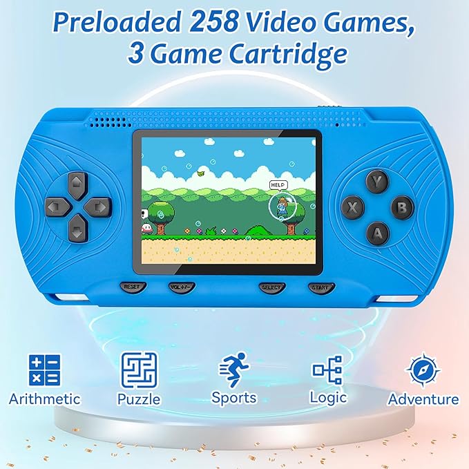Handheld Game for Kids - Preloaded 258 Retro Video Games & 3 Cartridges, 3.0" HD LCD Screen, Portable Gaming Player with Rechargeable Battery, Birthday Xmas Gift for Boys Girls 4-12, Blue