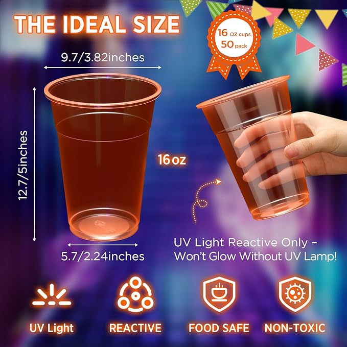 LemonRoad 50 Pack Blacklight Party Glow Cups 16 oz Plastic Neon Cups Disposable Glow in the Dark for Parties Birthdays 80s Themed Events(Orange)