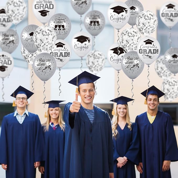 Whaline 60Pcs Graduation Party Balloon Set 7 Designs Silver White Confetti Latex Balloon with 2 Rolls Ribbon Grad Cap Congrats Grad Balloon for Graduation Party Decoration Supplies