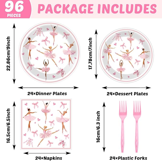 96PCS Ballerina Birthday Party Paper Plates and Napkins Set Ballet Party Paper Plates Disposable Decor Ballerina Girl Theme Parties Set for Kids Dancing Girls Ballet Birthday Decorations