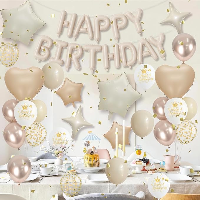 Boho Cream Beige Birthday Decorations for Women Neutral Nude Sand White Champagne Gold Print Balloons Gold Confetti Balloon Happy Birthday Banner Heart Balloons Star Balloon for Bday Party Supplies