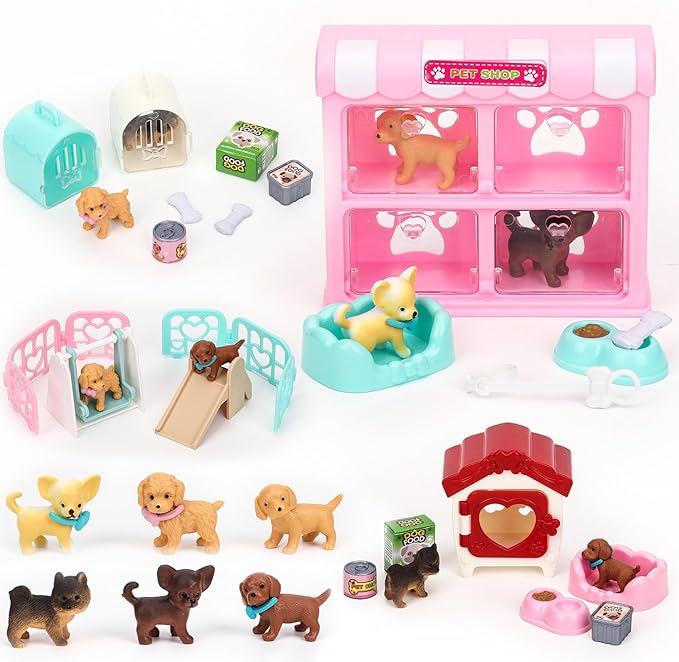 SweetAce 32Pcs Dog Toys for Kids Pretend Play Dog Figures Playset Toddlers Toy Interactive Puppy Role Play Set Realistic Dogs Care Center Birthday Gifts for 3 4 5 6+ Year Old Girls and Boys
