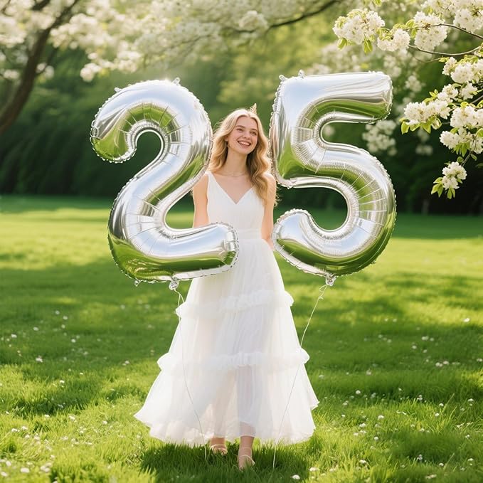 40 Inch Silver Number 25 Digital Balloon,Jumbo Mylar Foil Helium Balloon for 25 Balloons for Birthday Party,Wedding Anniversary Party Decorations