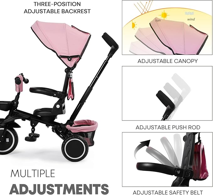 Kinder King Kids Tricycle, 8 in 1 Folding Toddler Trike w/Adjustable Push Handle, Rotatable Seat, Adjustable Canopy, Bell, Five-Point Harness, Storage, Bike Tricycle for Toddlers 1-3, Pink