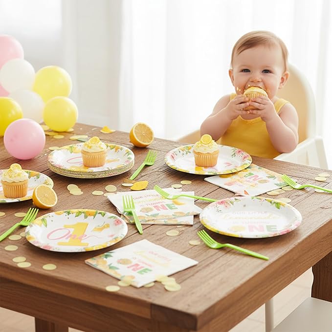 96Pcs Lemon 1st Party Plates Supplies Our Little Lemonade Is Turning One First Birthday One Year Old Tableware Decorations Disposable Paper Plates Napkins Forks for Kids Baby Shower, Serves 24
