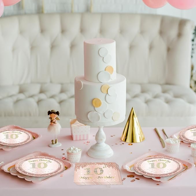 40PCS 10th Birthday Decorations for Happy 10 Years Party Tableware Set Including 10th Birthday Party Plates and Napkins,Rose Gold 10 Years Old Table Decor for Girls Pink Rose Gold Party Supplies