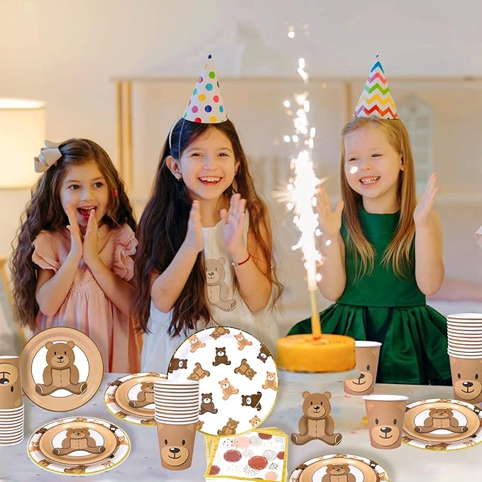 Brown Teddy Bear Baby Shower Plates - Teddy Bear Paper Plates,Disposable Cups,Napkin with Firework Pattern in Golden Border for 24 Bear Theme Party Supplies ,Baby Shower Wedding Birthday Party