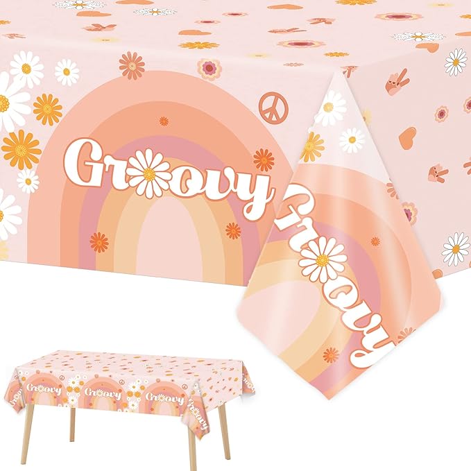 3 Groovy Hippie Boho Birthday Tablecloths for 60's Themed Decorations - Plastic Disposable Daisy Flower Party Table Covers for One Two Baby Shower & Birthday Party Supplies Favors