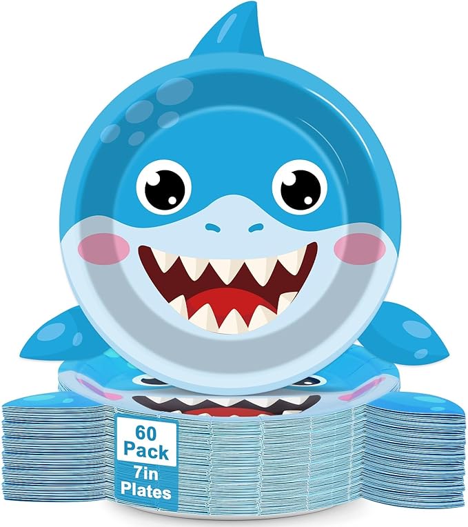 60pcs Ocean Animal Party Plates Shark Shaped Dessert Plates Party Supplies Under the Sea Tableware for Kids Boys Girls Birthday Preschool Underwater Shark Theme Baby Shower Party Decorations Favors 7"