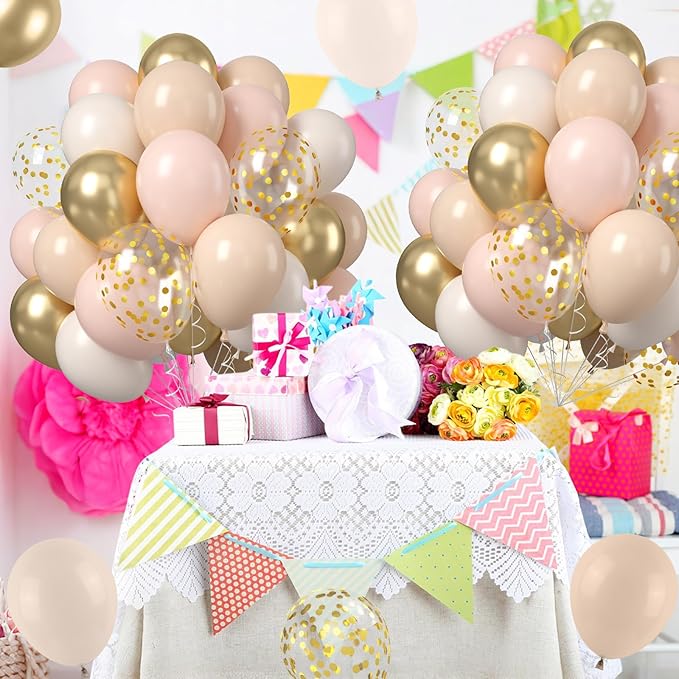 Blush Gold Beige Neutral Balloons, 50pcs 12 inch Double Stuffed Beige Boho Balloons with Metallic Gold Confetti Nude Neutral Cream Balloon for Bridal Baby Shower Birthday Wedding Party Decoration