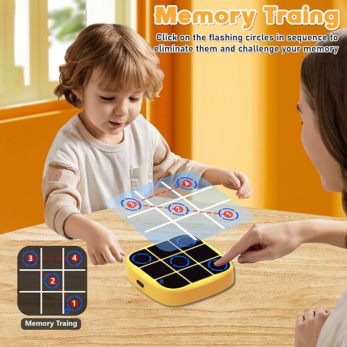 4-in-1 Electronic Tic Tac Toe Bolt Game with Mute Function, Handheld Puzzle Game Console Toys for Educational, Portable Travel Games, Board Games Gifts for Kids and Adults (Yellow)