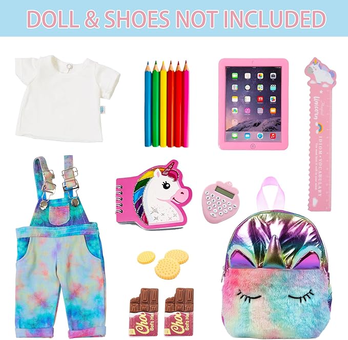 DONTNO American 18 Inch Doll Accessories, Cute School Supplies Set - Denim Suspenders, Doll Bag, Pencil, Ruler