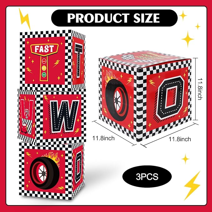 TONIFUL Race Car 2nd Birthday Party Supplies Red Yellow Black Balloon Box with Letters，Fast Two Theme Two Years Old Birthday Party Favors for Kids Baby Shower Second Birthday Decoration