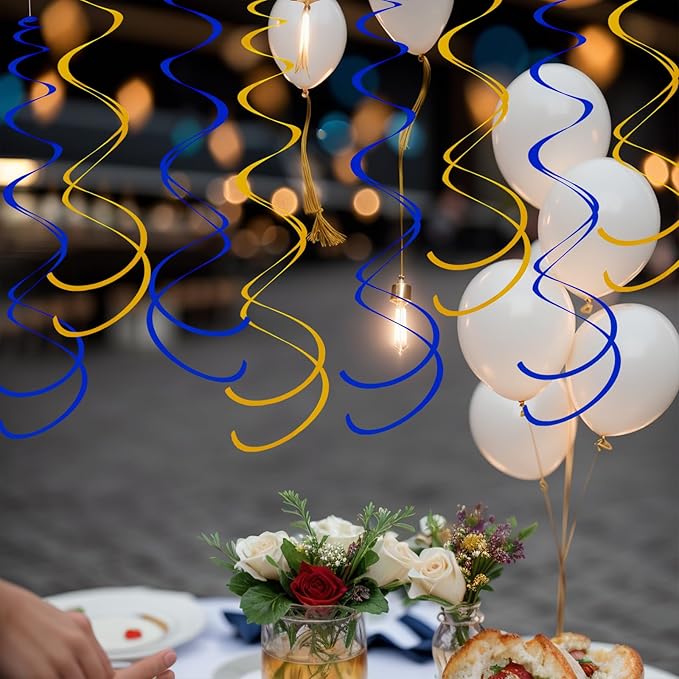 Ceiling Swirl Foil Decorations Hanging Plastic Streamer Themed Swirl Party for Graduation Celebration, Pack of 28 (Blue and Gold)