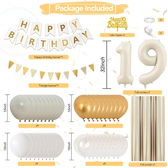 19th Birthday Party Decorations, Gold White Happy Birthday Decorations With Number 19 Balloons Beige Sand White Latex Balloon Champagne Fringe Curtain Cake Topper Banner For 19th Party Supplies