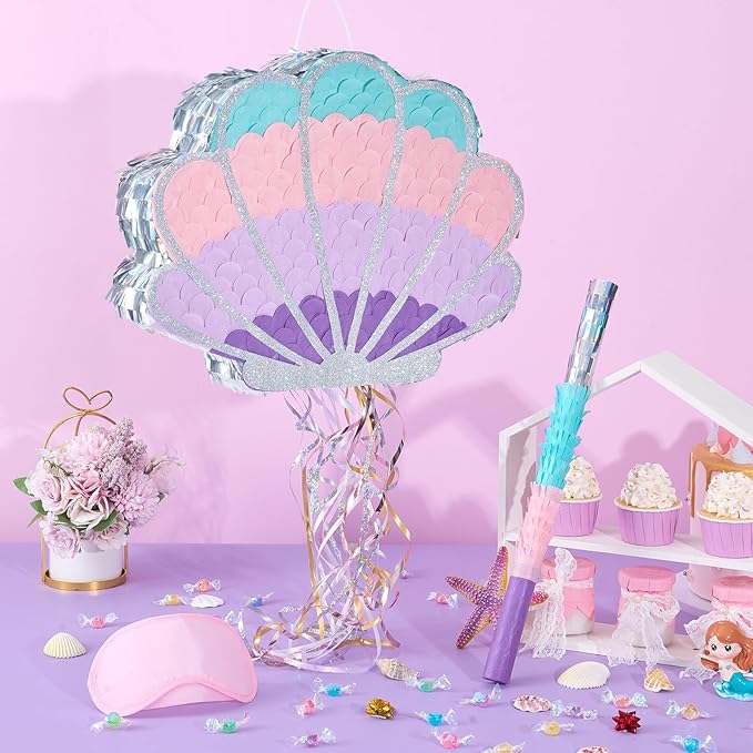 Wernnsai Mermaid Seashell Piñata - Pink Shellfish Piñatas for Kids Girls Birthday Mermaid Princess Party Decorations Under The Sea Ocean Theme Party Games With Bat Blindfold 16“ x 12.5" x 3"