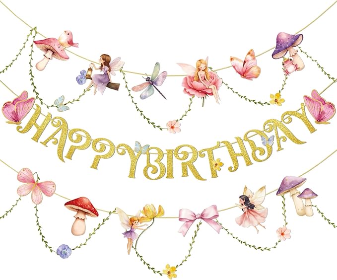 Paper Jazz Fairy Birthday Banner with Butterfly Fairy Party Decorations Mushroom Decor Fabric Vines Paper Garlands Decorations for Birthday,Garden Tea Party,Baby Shower.