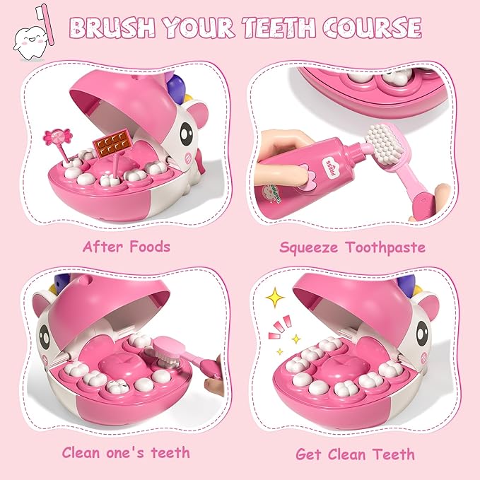 Dentist Play Set Toys for Girls, Doctor Kit for Toddlers 3-5, Unicorns Pretend Play Girl Toys 3 4 5 6 7 8 Years Old, Kids Doctor Playset with Light & Sound, Birthday Gifts for 3 4 5 6 7 8 Year Old