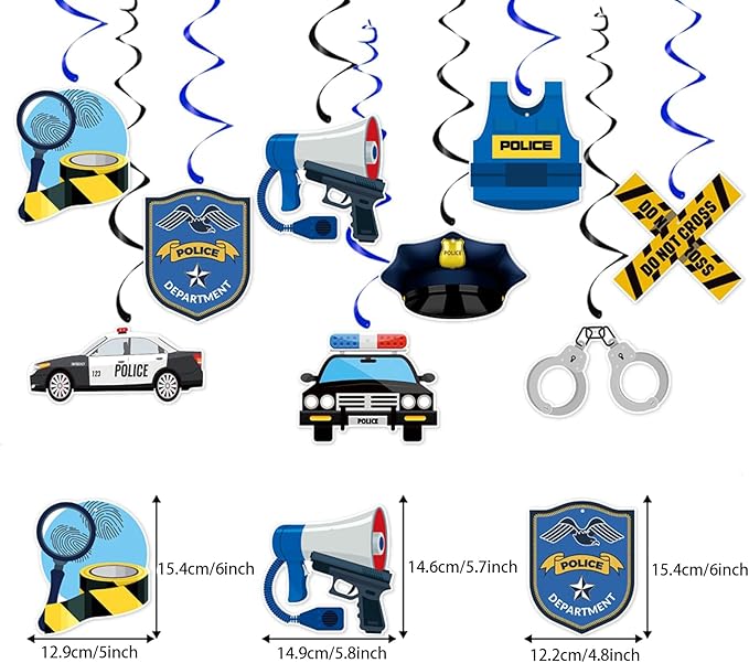 Zwiebeco Blue Black Silver Police Happy Birthday Banner Bunting Hanging Paper Swirls Garland Party Decorations for Boys Girls Kids Womens Mens Adults Police Themed Bday Decor Accessories Supplies