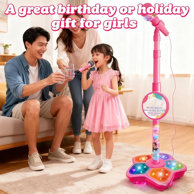 The Multifunctional Microphone Toy, Multi-Functional Microphone Toy with Adjustable Stand, Speakers and Lights, Compatible with Mobile Phones, for Christmas and Birthday (Blue)