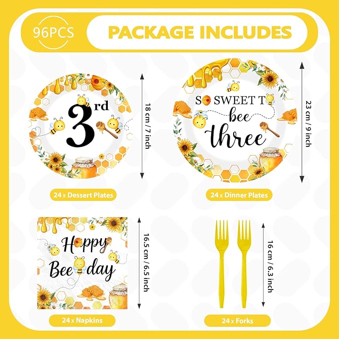 96 Pcs Bee 3rd Birthday Party Supplies Bumble Bee Theme So Sweet to Bee Three Party Plates and Napkins Disposable 3 Years Old Tableware Set for Kids Baby Shower Birthday Decorations, Serves 24