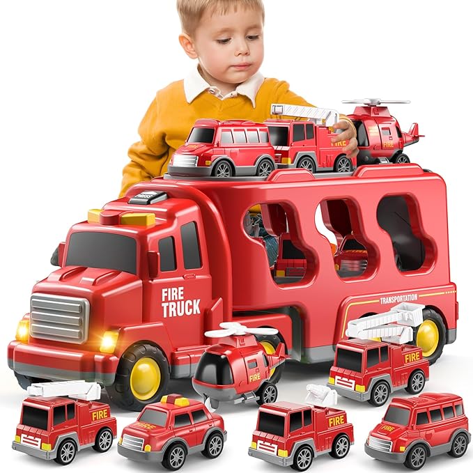 Fire Truck Toys for Toddler 1-3 3-5, Transport Car with Light Sound, 7-in-1 Fire Car Carrier Vehicle Set for Girls 1 2 3 4 5 6 Years Old, Birthdays Gifts for Kids Girls Aged 3-9