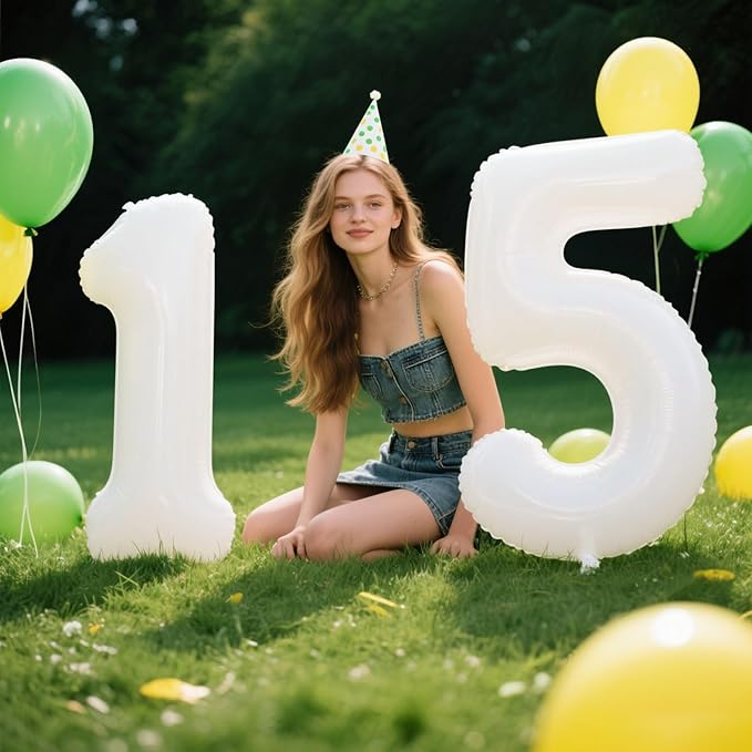 40 Inch White Number 15 Digital Balloon,Jumbo Mylar Foil Helium Balloon for 15 Balloons for Birthday Party,Wedding Anniversary Party Decorations