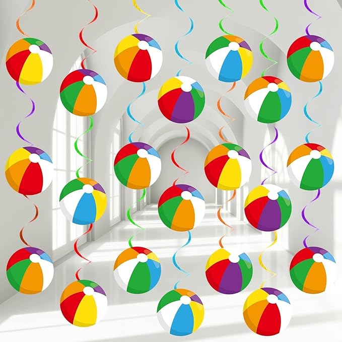 60pcs Beach Ball Party Foil Swirl Decorations Summer Pool Ball Ceiling Hanging Decor Swirls Beach Cutouts Supplies for Birthday Summer Party Favor Indoor Outdoor Decor