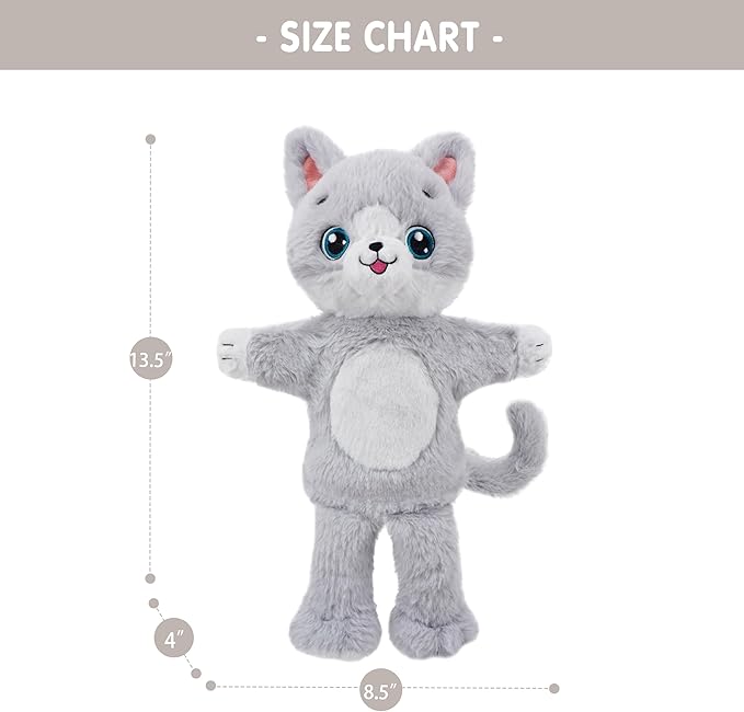 June Garden Plush Gray Cat Hand Puppet – Soft Storytelling Toy with Big Embroidered Eyes – Pretend Play Gift for Toddlers and Kids