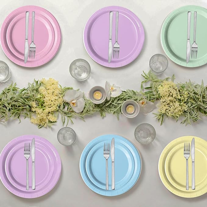 Oigco 150 PCS Pastel Birthday Decorations - Pastel Paper Plates and Napkins - Rainbow Party Decorations for Birthday Baby Shower Wedding, Serves 50