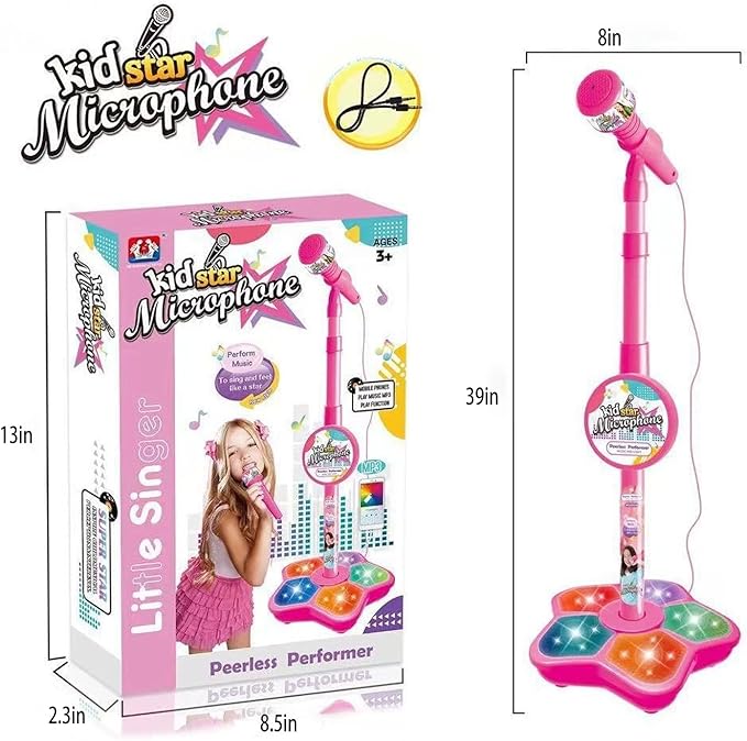 Kids Microphone with Stand - 2026 New Karaoke Machine for Budding Singers, Built-in Music & Echo, 6 Colorful Lights, Adjustable Stand for Girls Boys Birthday Gift(Black) (Black)