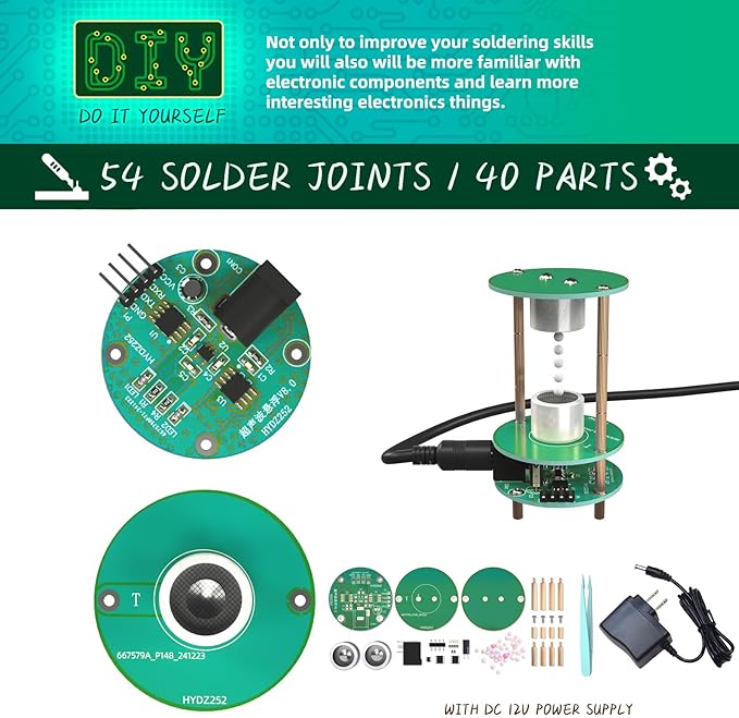 Electric Ultrasonic Levitator Kit, Soldering Projects Mini Cool Acoustic Levitator, Learning Teaching STEM Education Ideal Gift for Family and Friends, Come with 12V Power Supply (Green with Power)