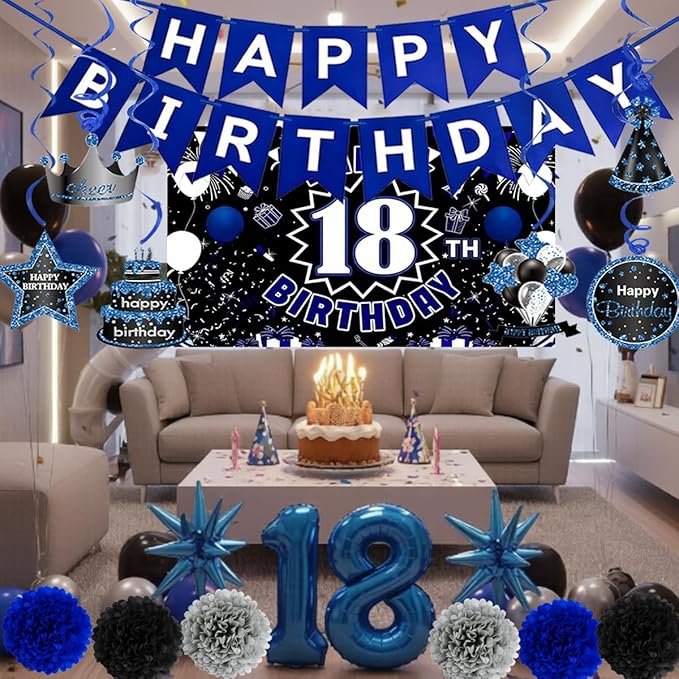 Blue Black 18th Birthday Decorations for Boys, 18 Birthday Banner & Balloons Set with Backdrop, Large 18 Foil Balloon, Hanging Swirls – Complete 18 Year Old Party Supplies.