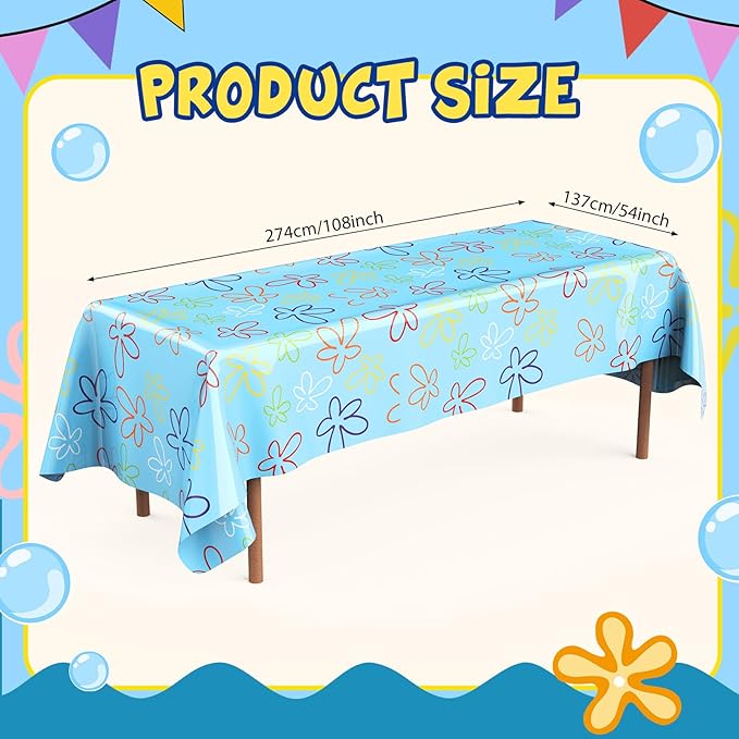 Oudain 2 Sheets Sponge Birthday Party Supplies Blue Ocean Flower Tablecloth 54 x 108 Inch Plastic Table Covers for Birthday Party Decorations