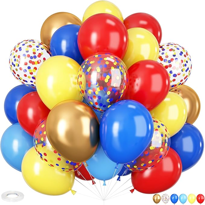 Carnival Circus Balloon Kit, 60PCS 12 Inches Red Yellow Blue Balloons Carnival Helium Balloon with Confetti Latex Balloons for Kids Boys Baby Shower Birthday Party Decoration Supplies