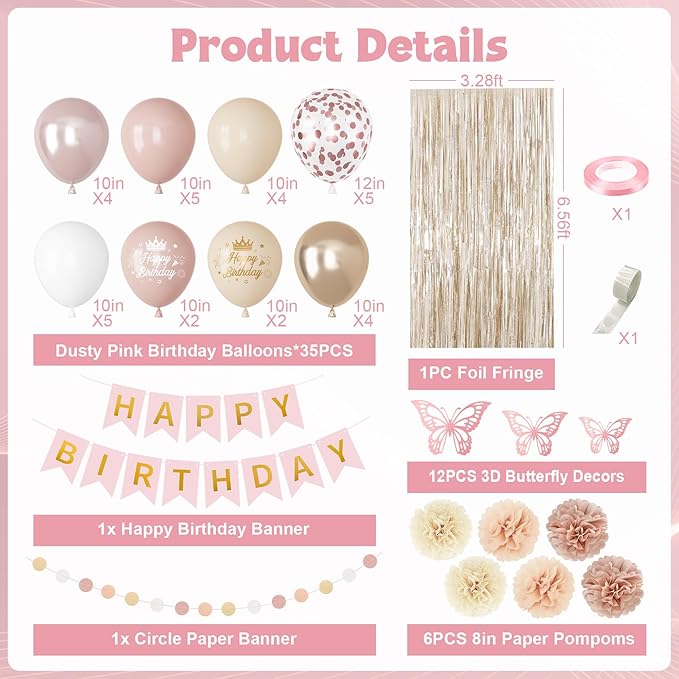 Boho Dusty Pink Birthday Decorations for Women Girls, Blush Beige Gold Metallic Printed Balloons Butterfly Stickers Fringe Curtain Happy Birthday Banner Circle Dots Garland Paper Pompom Party Supplies