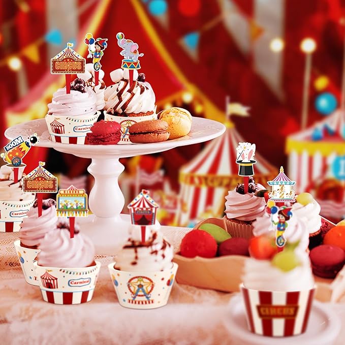 48 Pack Circus Cupcake Toppers and Wrappers, Carnival Party Cake Decoration for Carnival Theme Birthday Party Baby Shower Supplies