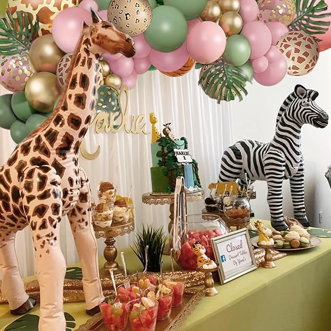 Jungle Safari Balloons Garland Arch Kit ，Animal Printed Pink Sage Green Balloons Wild One Giraffe Leopard Safari Decorations for Birthday Baby Shower Party Supplies