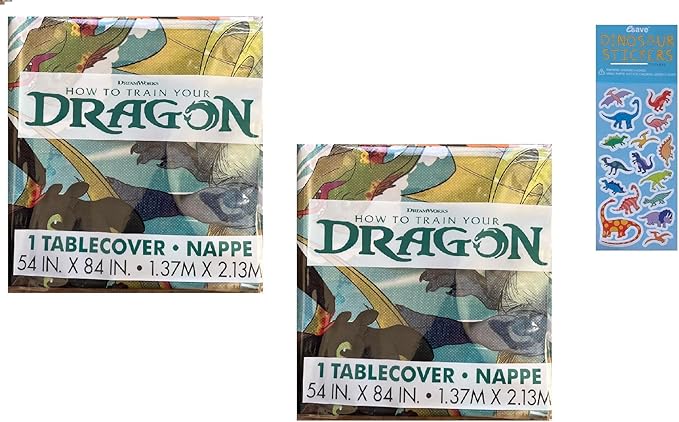 Unique How to Train Your Dragon Birthday Party Supplies Bundle Pack Includes 2 Plastic Table Covers and 1 Dinosaur Sticker Sheet