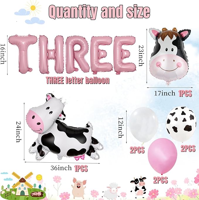 21 PCS Farm Animal Theme Party Balloons, Farm Cow Print Sheep Pig Donkey Mylar Foil Balloons Baby Shower Boy Girl 3rd Birthday Party Decor Supplies (3rd)