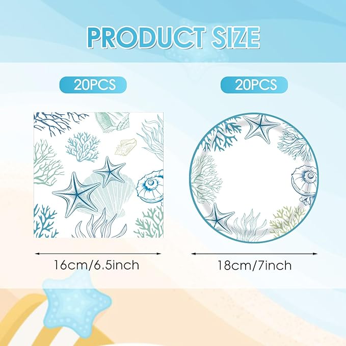 Seashell Beach Party Decorations,40Pcs Ocean Seashell Beach Plates,Napkin Blue Starfish Seashell Coral Themed Disposable Tableware for Birthday Baby Shower Summer Party, Serves 20