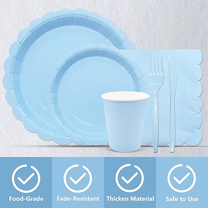 144Pcs Blue Birthday Party Supplies Blue Tableware Set Serve 24 Guests Includes Dinner Plates Cups Napkins For Wedding Baby Shower Birthday Party Decorations