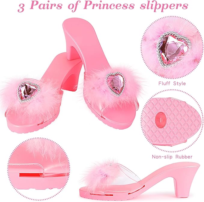 Princess Dress Up Shoes Pretend Play Jewelry Toys Set 3 Pairs of Shoes with Tiara Earrings Necklaces Ring Role Play Set for Little Girls Aged 3-6 Years Old