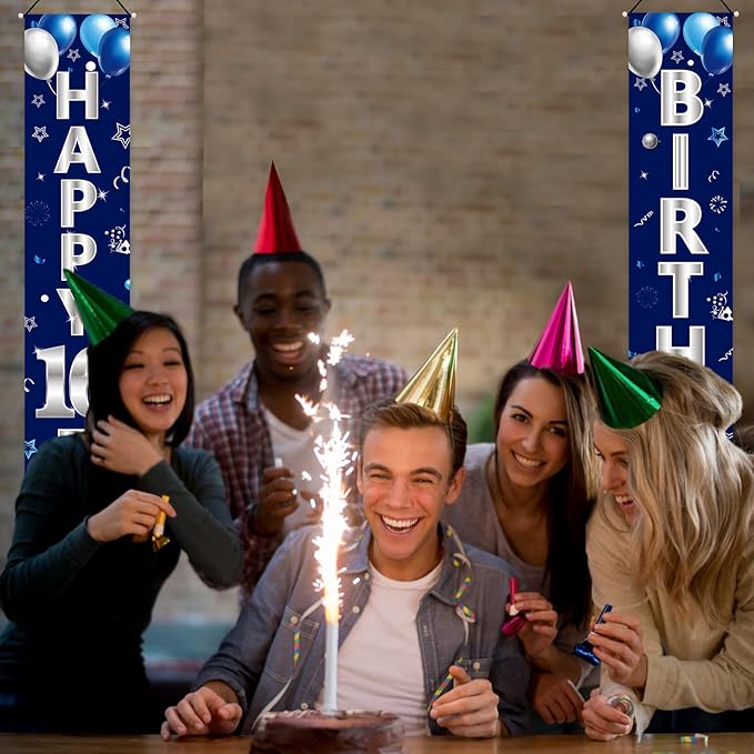 Blue Silver 16th Birthday Door Banner Decorations, Happy 16 Birthday Party Porch Sign Supplies for Boys, Sweet 16 Year Old Birthday Party Supplies