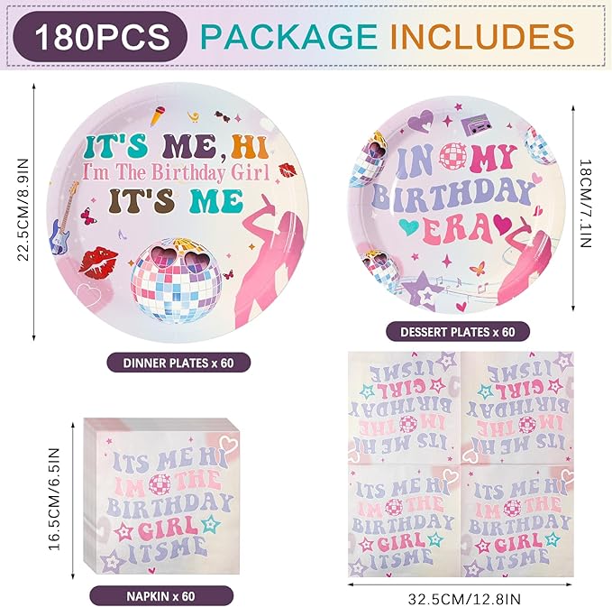 180PCS Its Me Hi Im The Birthday Girl Its Me Party Supplies Serve 60, Music Paper Plates and Napkins Kit for Girl Birthday Party Decorations, Includes Dinner and Dessert Plates, Napkins
