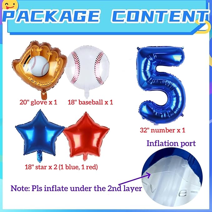 Baseball Balloons 5th Birthday Decorations for Boys | Baseball Birthday Decoration Sports Theme Party Supplies, 32Inch Foil Mylar Number 5 Balloon Navy Blue Red White Sports Balloon Arch Kits