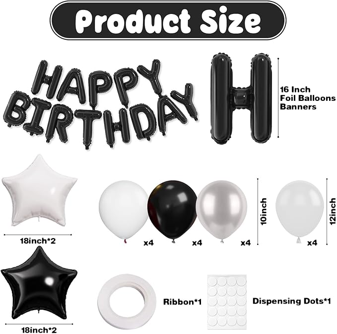 29PC Black Happy Birthday Balloon Banner, 16 Inch 3D Aluminum Letter Banner Sign, Metallic Silver Black White Clear Helium Balloons 18 Inch Star Foil Balloons for Women, Men Party Supply