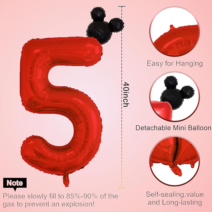 40 inch Red Number 5 Balloon & Mini Mouse Head Balloon, 5th Birthday Party Decoration Balloons, Cartoon Mouse Birthday Party Supplies Baby Shower Decoration, Red Black Theme Party Decorations Supplies