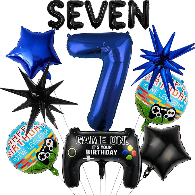 13pcs Video Game Themed Party Decorations, Number 7th Boys Birthday Party Supplies, Navy Blue Video Game Controller Mylar Foil Balloon, Video Game Party Decoration Supplies (Number 7)