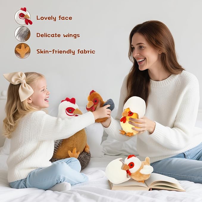 8Pcs Easter Chicken Stuffed Animal, Stuffed White Hen with Little Baby Chicks and Coop, Plush Toys for Kids, Hit of Christmas Farm Party